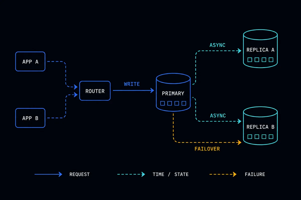 Applications route writes to a primary database, which asynchronously replicates state to two replicas and can fail over to Replica B.
