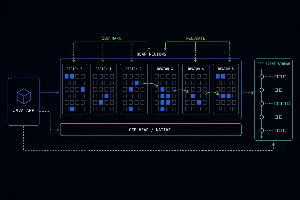 A Java app allocates across heap regions and off-heap memory; ZGC marks and relocates heap objects while Java Flight Recorder captures the resulting event stream.