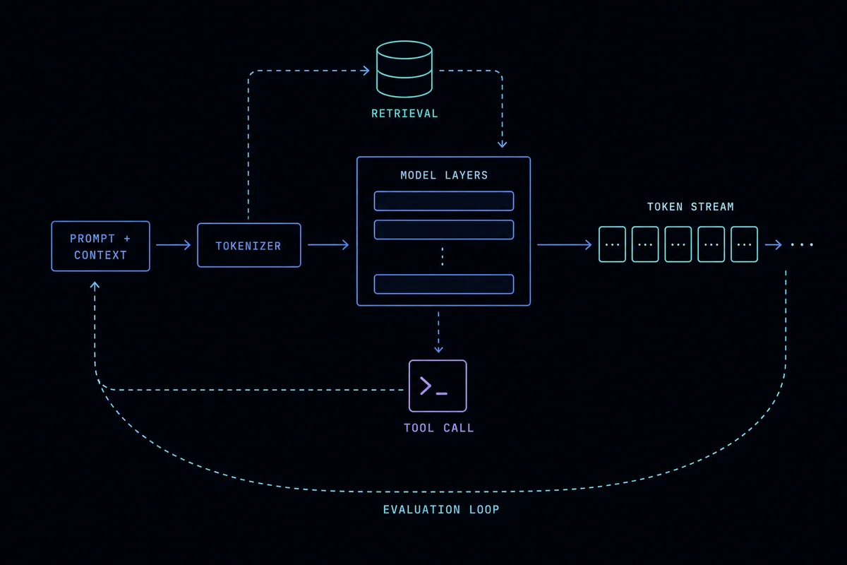Prompt and context pass through a tokenizer and model layers, augmented by retrieval and tool calls, producing a token stream that feeds an evaluation loop.