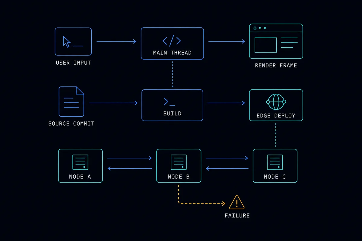 User input flows through the main thread to rendered frames; source commits build and deploy to coordinating nodes, where failures can interrupt the distributed path.